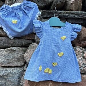 Blue Gingham Baby 2-pc. Sundress Set Chick Embroidery Dress & Bloomers Handmade